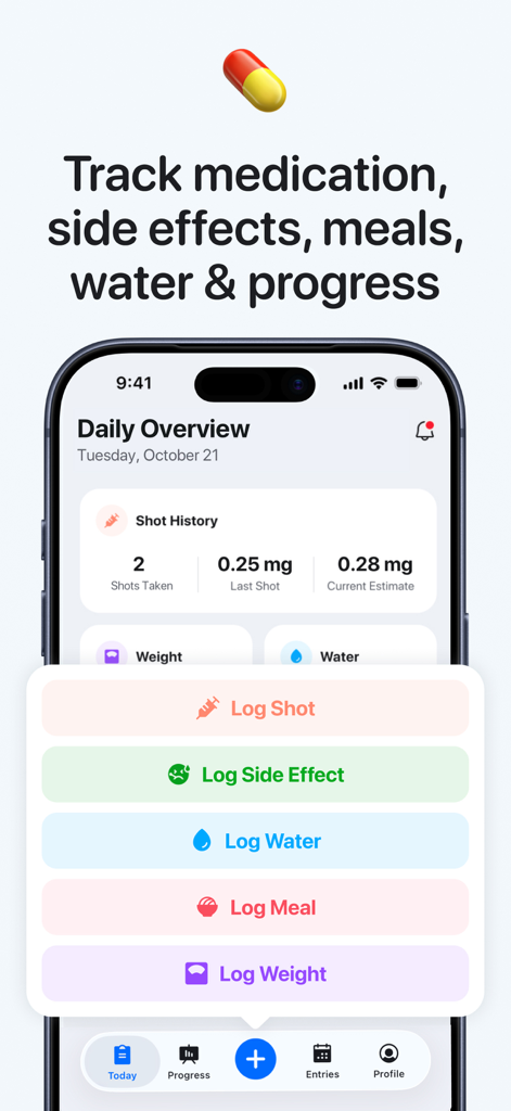 Daily overview dashboard and logging menu for GLP-1 medication shots side effects and weight tracking in the Pep app