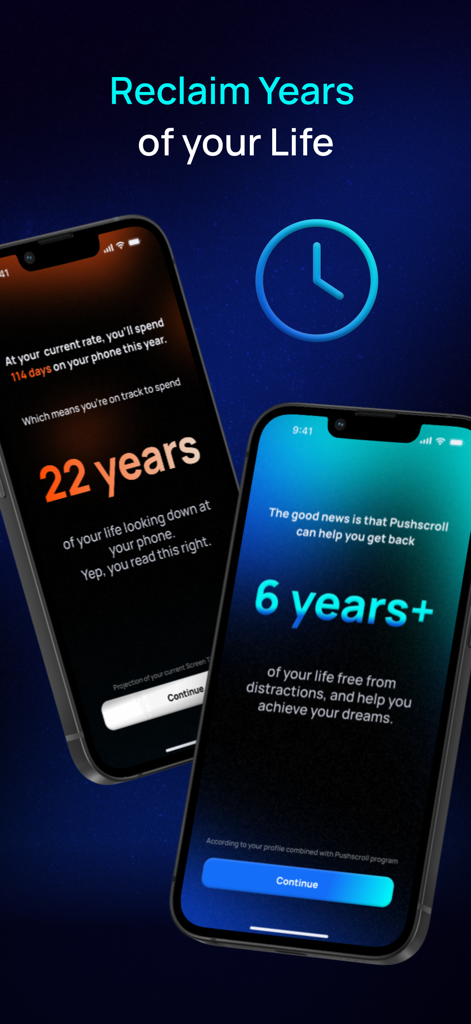 Pushscroll Screen Time Control - Schermate dell'app Pushscroll che mostrano il tempo potenziale risparmiato dalla dipendenza dal telefono recuperando anni di vita.