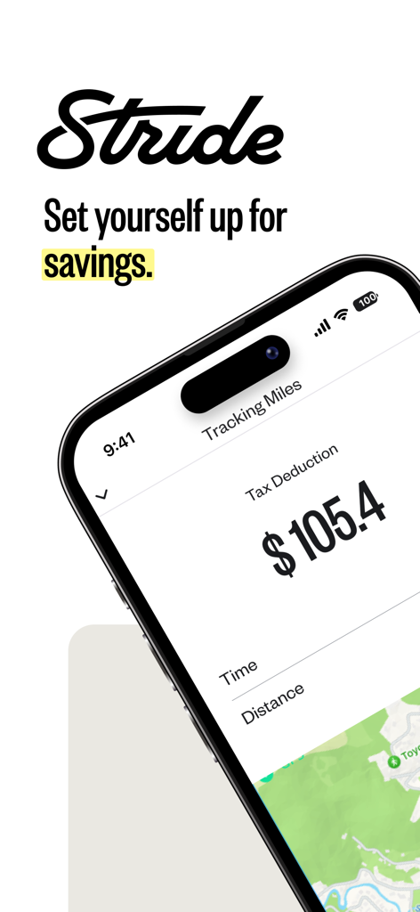 Interface de l'application Stride sur un téléphone portable montrant le suivi du kilométrage en temps réel et les économies de déductions fiscales