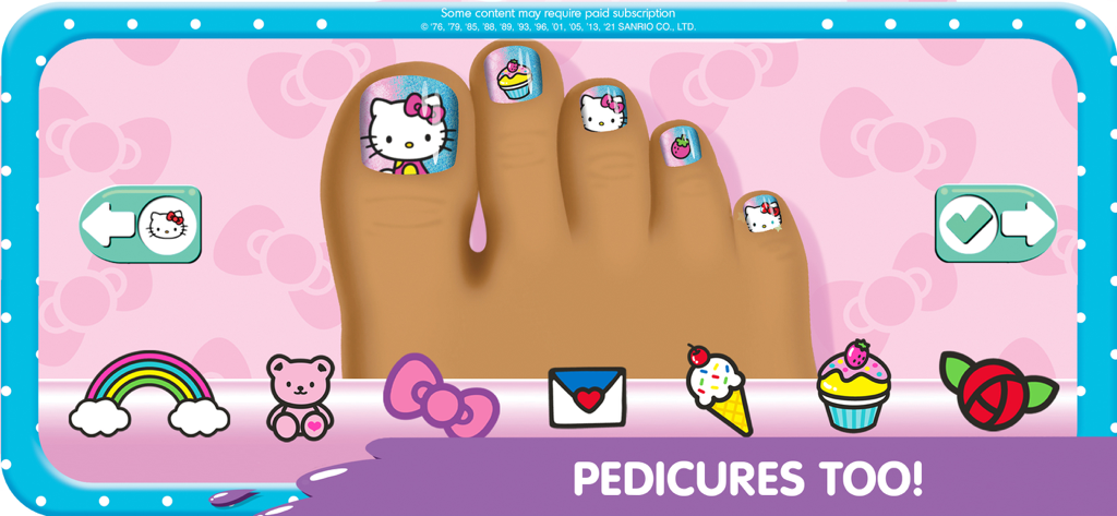 Hello Kitty themed pedicure design featuring Sanrio stickers on toenails