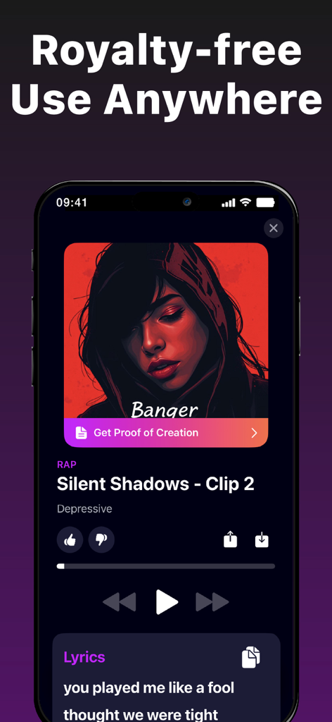 Banger AI music generator app interface showing a royalty free music player with song lyrics and proof of creation