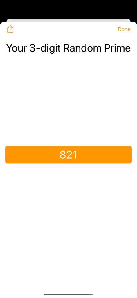 A screenshot of the Prefacto app showing a randomly generated three digit prime number 821
