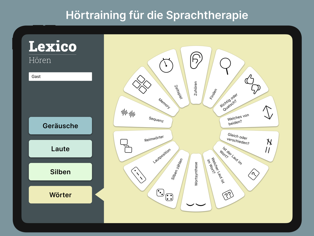 Lexico Hören Pro - Menú principal de la aplicación Lexico Hoeren Pro en iPad que muestra una rueda de selección de ejercicios de terapia del habla y entrenamiento auditivo