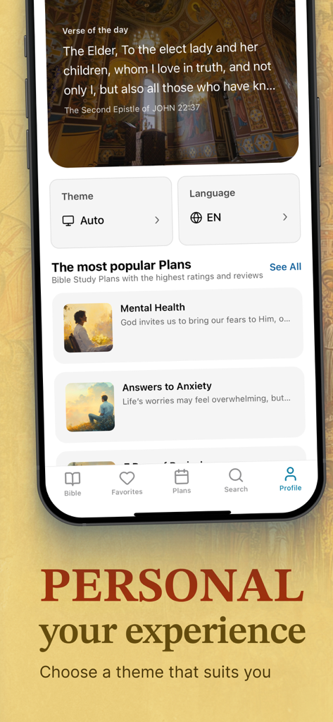 Eastern Orthodox Study Bible - Interface of the Eastern Orthodox Bible app showing the Verse of the Day and popular Bible study plans for mental health and anxiety.
