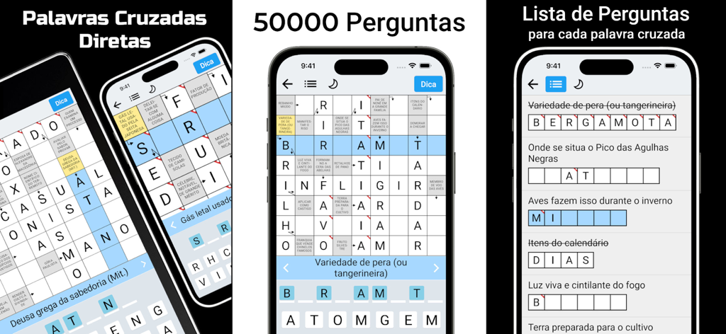 Palavras Cruzadas (Diretas) - Screenshots of the Palavras Cruzadas Diretas mobile app showing crossword grids and a list of clues in Portuguese