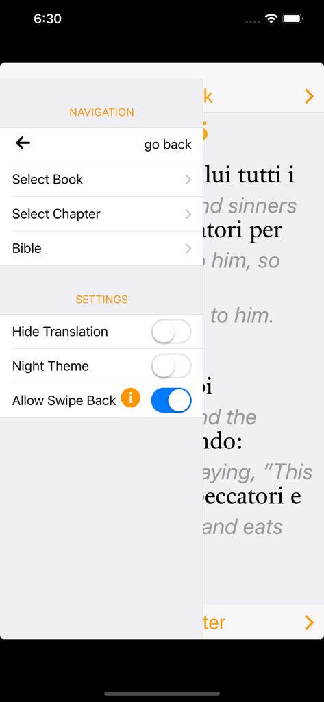 Italian-English Bible - Navigations- und Einstellungs-Seitenmenü der italienisch-englischen Bibel-Mobil-App, das Buchauswahl und Anzeigeoptionen zeigt.