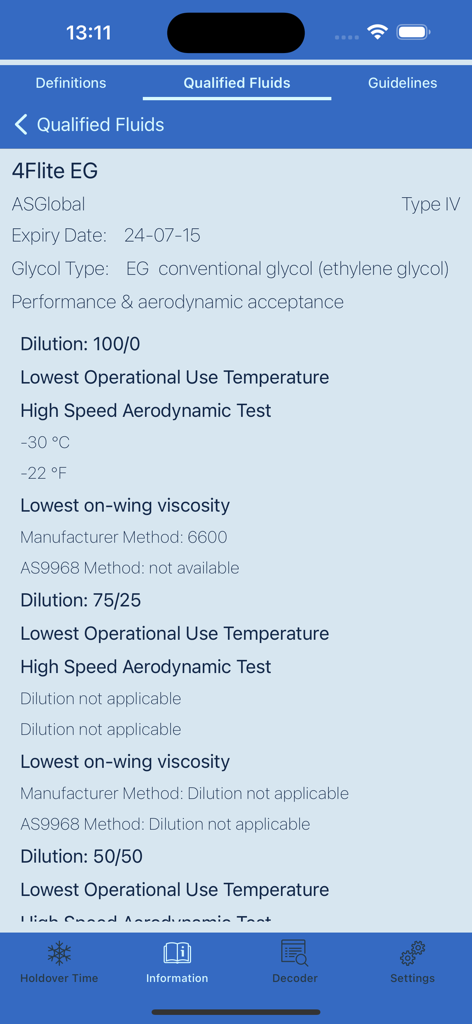 Winter OPS - Technical specifications for Type IV aviation de-icing fluid in the Winter OPS app