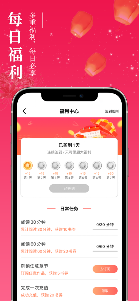Daily check-in and task rewards screen in the Chao Haokan Shufang app showing progress for reading and unlocking chapters.