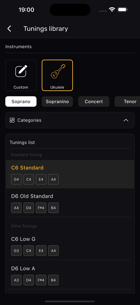 Soprano ukulele tuning options in the XTuner PRO app library