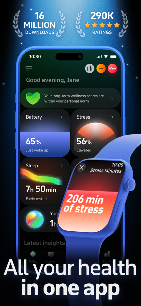 Welltory app dashboard on iPhone and Apple Watch showing stress and sleep metrics