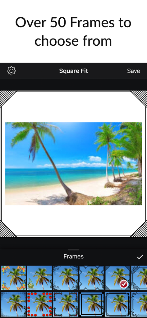 さまざまな装飾フレームオプションで編集されているビーチの写真が表示されているSquare Fitアプリインターフェイス