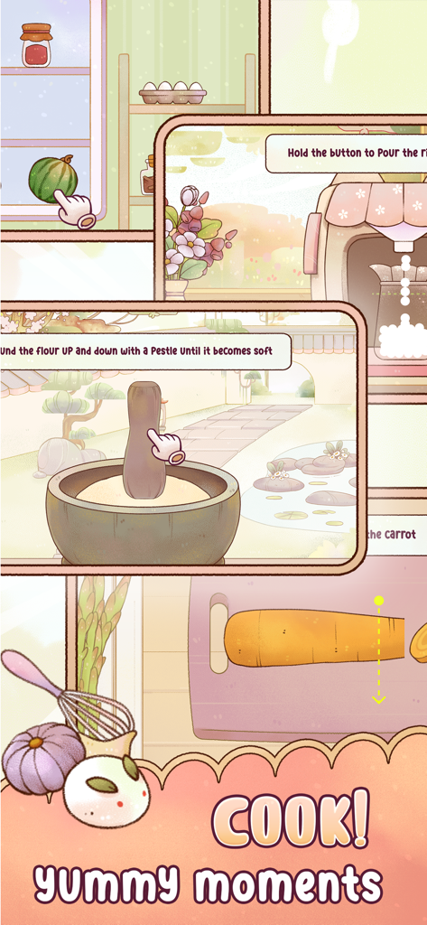 My Cozy Life - Un collage di minigiochi di cucina color pastello da My Cozy Life con affettatura di carote e macinazione di farina.