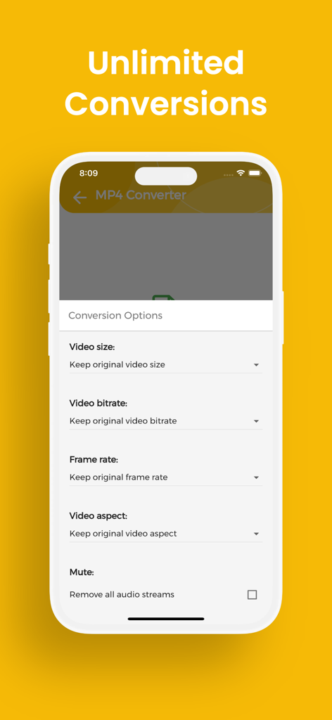 Interfaz de la aplicación MP4 Converter mostrando ajustes personalizados de conversión de vídeo para tamaño, tasa de bits y tasa de fotogramas