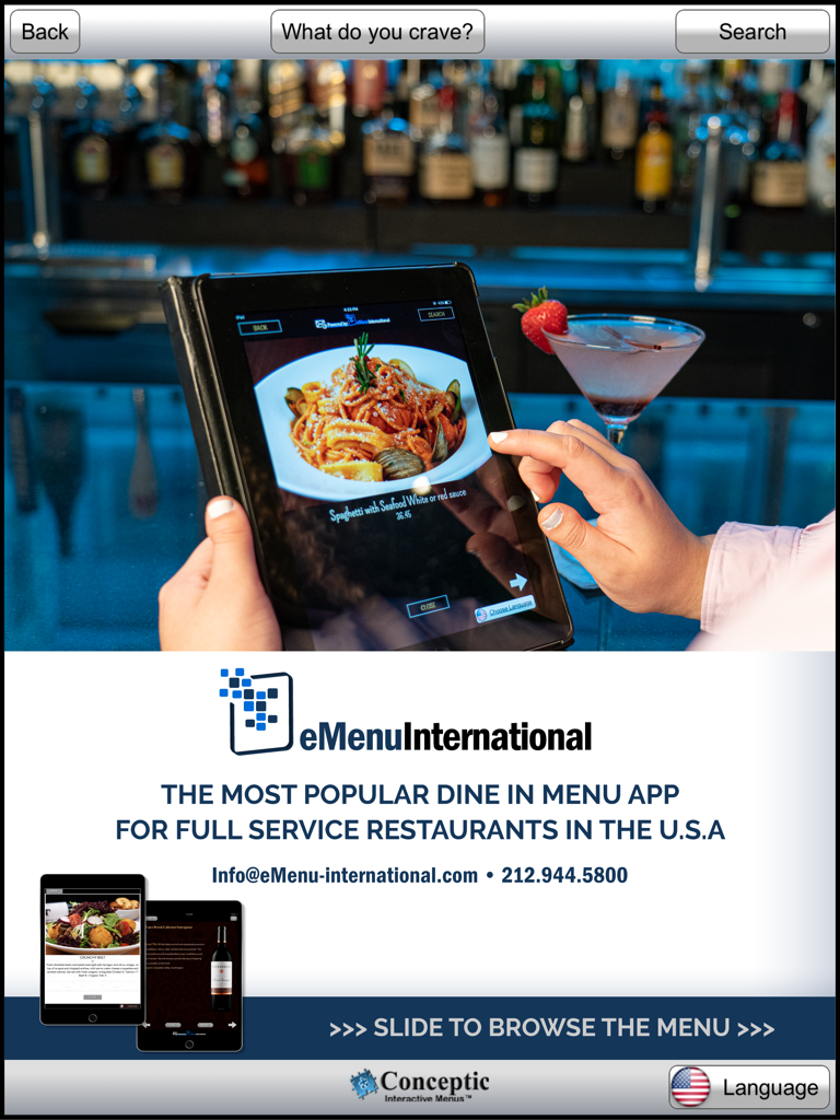 A person using the eMenu Pro Plus digital restaurant menu app on an iPad at a restaurant bar