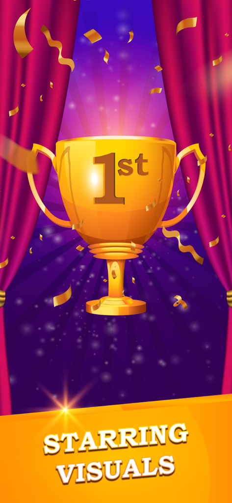 Fortune Words – Lucky Spin - Um troféu dourado de primeiro lugar em um palco de game show com cortinas vermelhas e confetes caindo.