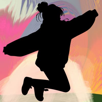realistic girl jumping with a bun and oversized sweatshirt