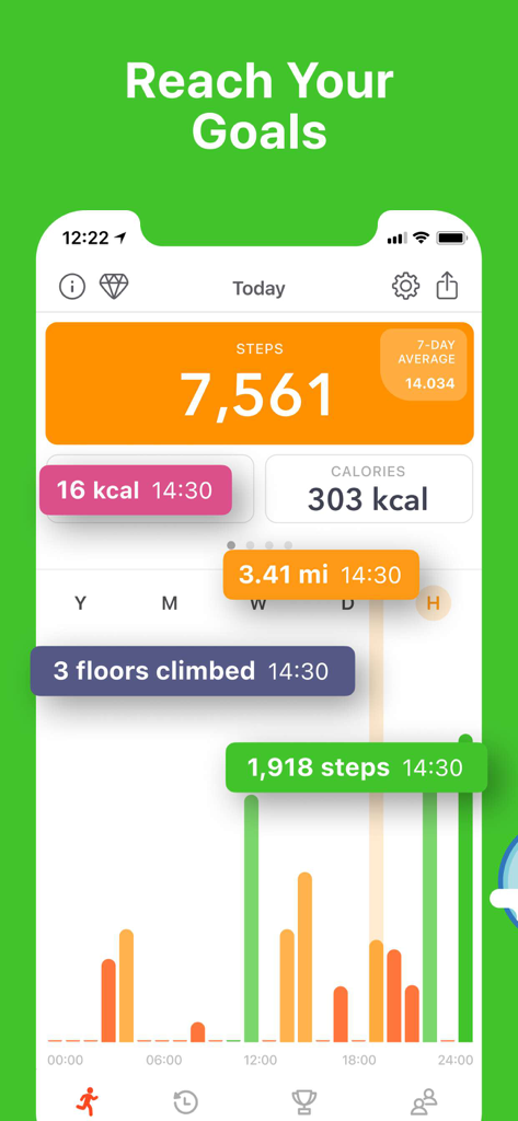 Stepz step counter app interface showing daily activity stats and goals
