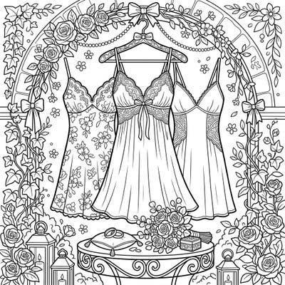 Step into a world of romance with this beautiful wedding chemises coloring page. Featuring delicate bridal lingerie set against a floral arch, it's perfect for a relaxing creative moment.