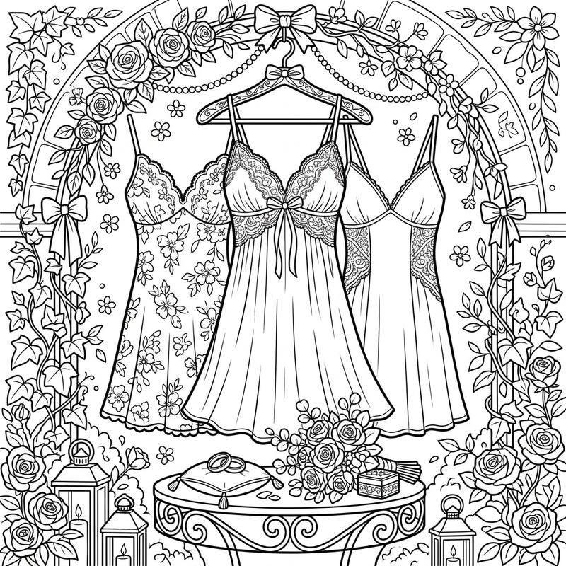 Step into a world of romance with this beautiful wedding chemises coloring page. Featuring delicate bridal lingerie set against a floral arch, it's perfect for a relaxing creative moment.