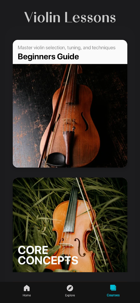 Violin Lessons For Beginner - Violin Lessons app interface showing beginner guide and core concepts courses
