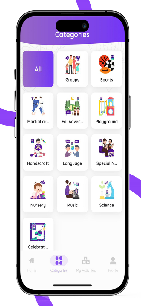 GoPal - GoPal app screen showing various children activity categories like sports music and science