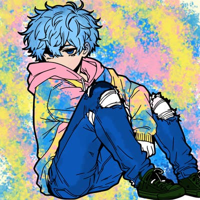 a male hoddie ripped jeans messy hair anime