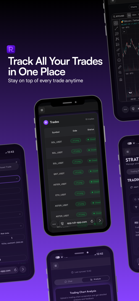 Rulr trading journal app interface showing trade logs and performance tracking on multiple mobile screens
