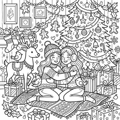 Embrace the holiday spirit with this heartwarming coloring page featuring two best friends sharing a festive hug. This intricate design is perfect for celebrating the joy of friendship during Christmas.
