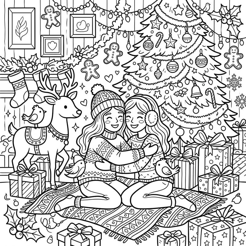 Embrace the holiday spirit with this heartwarming coloring page featuring two best friends sharing a festive hug. This intricate design is perfect for celebrating the joy of friendship during Christmas.
