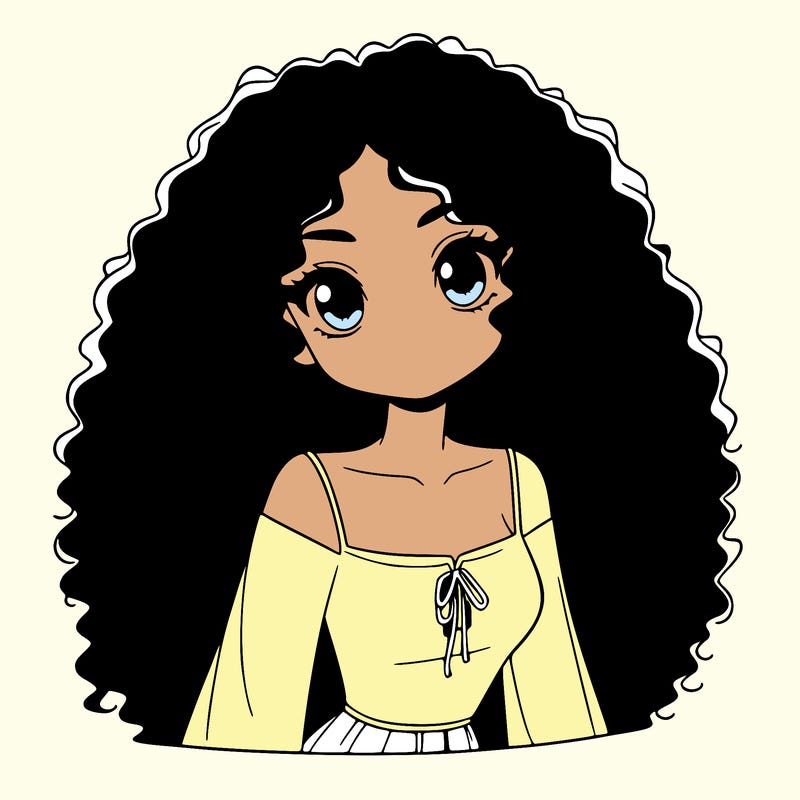 a black anime girl with long afro hair