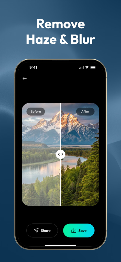 Clear Photos - Image Clearer - Comparación antes y después de una foto de un paisaje montañoso usando la aplicación Refino para eliminar neblina y desenfoque