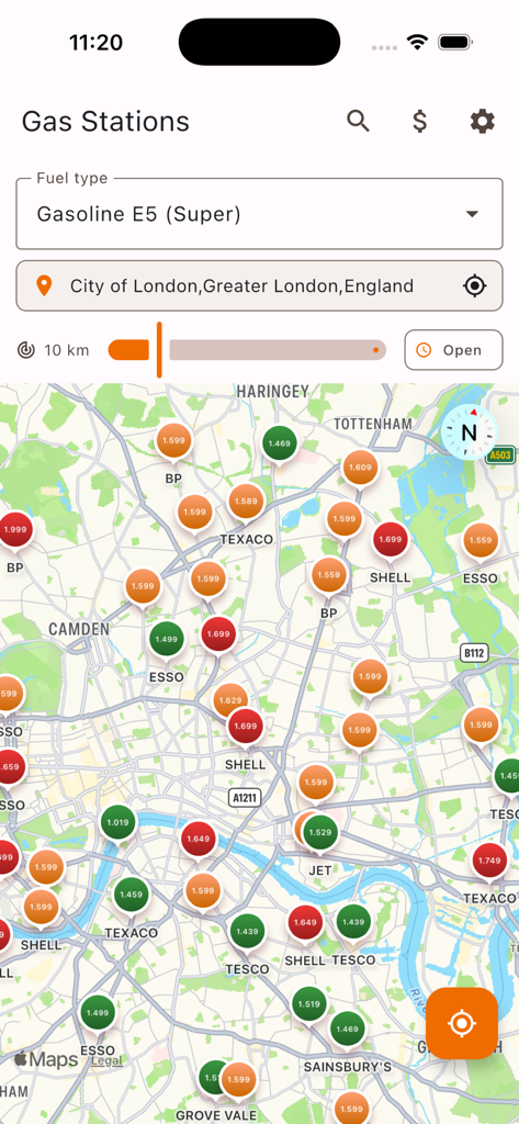 Gasolino - Cheap Gas Prices - Gasolino app map view displaying fuel prices and gas station locations in London