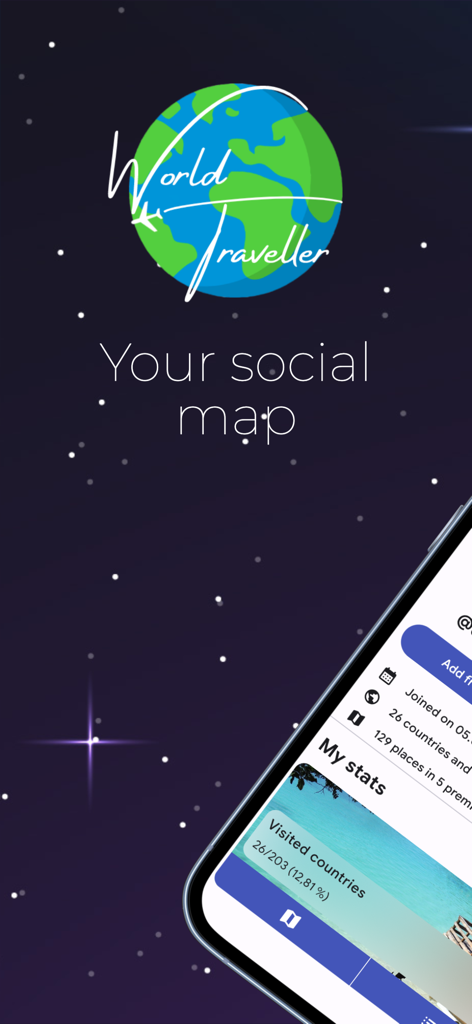 Pantalla de bienvenida de la aplicación World Traveller con el logo y una vista previa del panel de estadísticas de viaje sobre un fondo estrellado