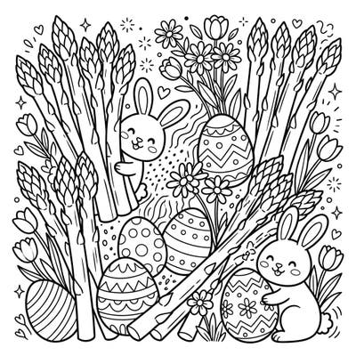 Dive into a wonderfully whimsical world where fresh asparagus meets playful Easter festivities. This delightful coloring page combines unique seasonal elements for a truly engaging experience.