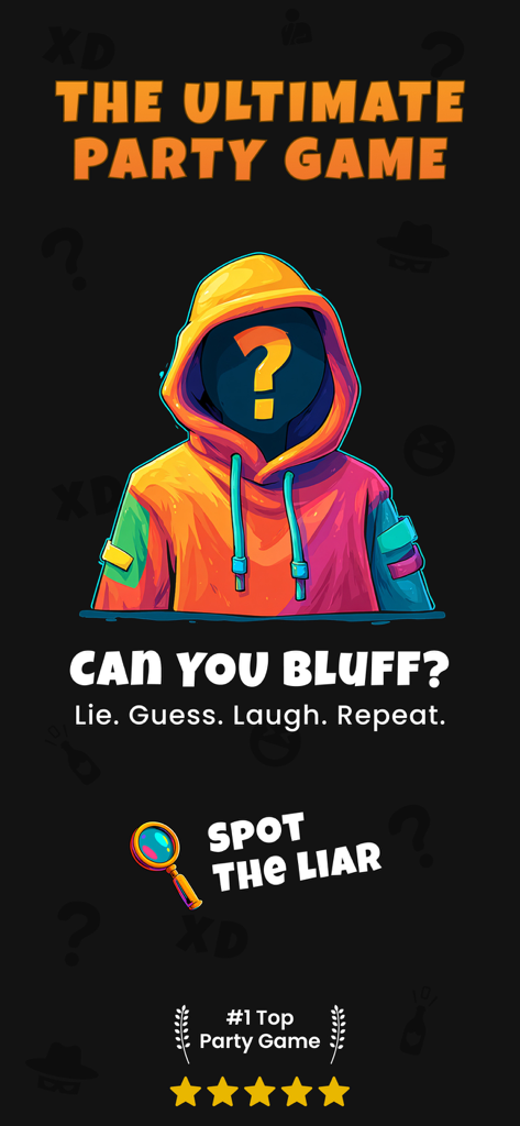 Fake It - Guess The Imposter - Colorful illustration of a hooded character with a question mark mask for the social deduction game Fake It.
