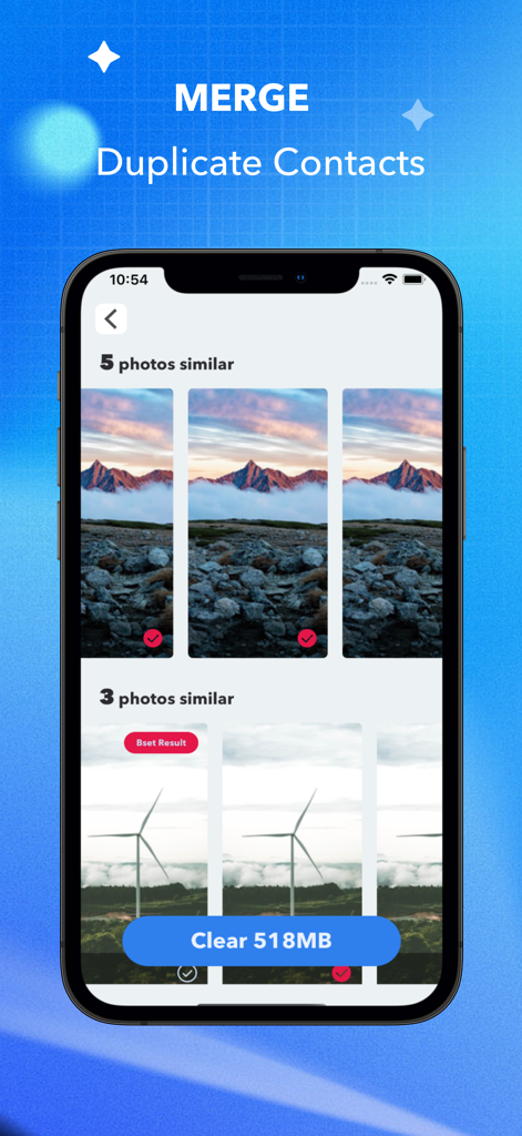 Ai iCleaner - Clean Up Storage - Interface do aplicativo móvel Ai iCleaner mostrando grupos de fotos semelhantes e um botão para limpar quinhentos e dezoito megabytes de armazenamento.