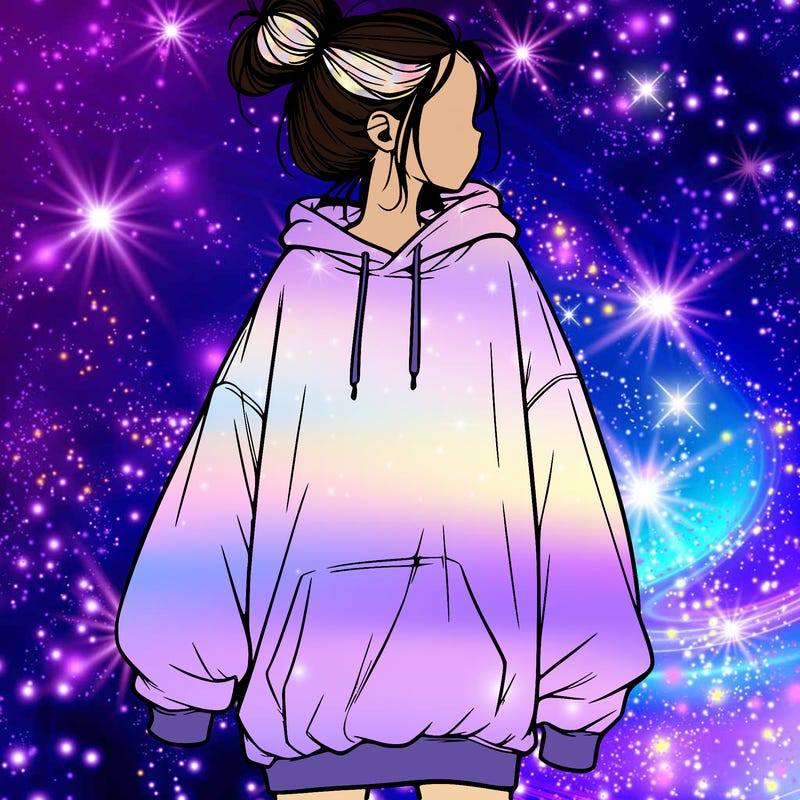 realistic girl with a oversized sweatshirt on and a bun