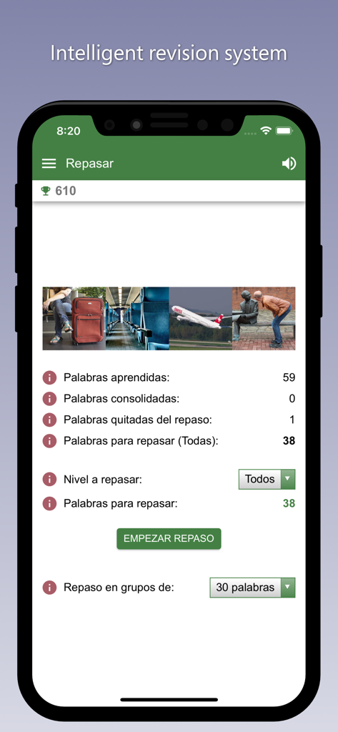Learn English with Bilinguae - Interfaz de la aplicación Bilinguae que muestra el sistema de revisión inteligente con estadísticas de vocabulario e imágenes.