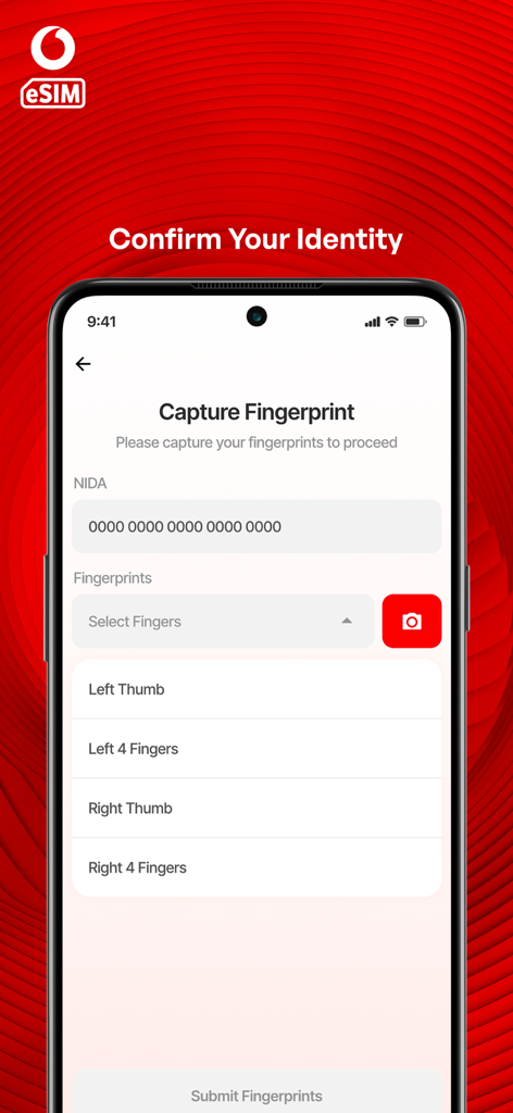Vodacom eSIM app screen for biometric identity verification through fingerprint capture