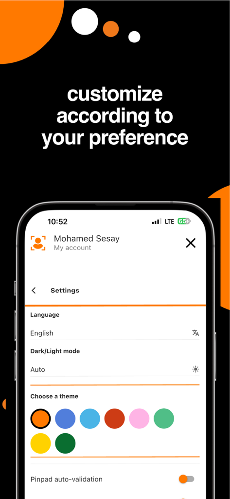 Orange Max it - Sierra Leone - Interface of Orange Max it app showing settings for language dark mode and theme colors
