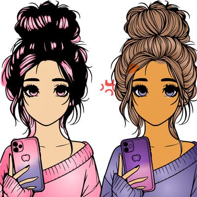 realistic girl with a messy bun and iphone