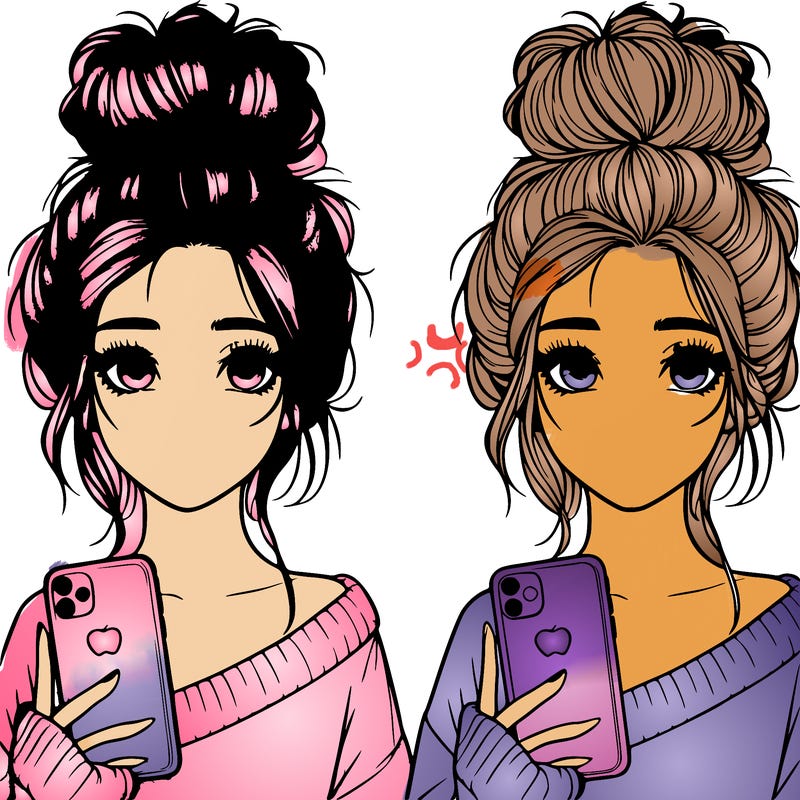 realistic girl with a messy bun and iphone