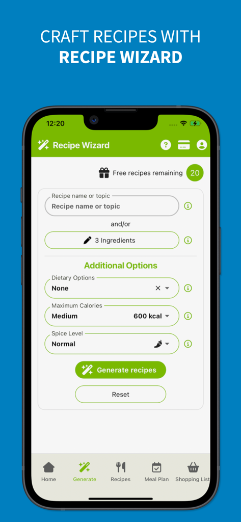 Interface of the AI-Chef Recipe Wizard showing options for ingredients dietary preferences and calorie limits