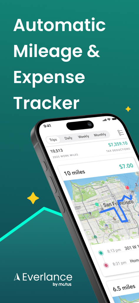 Everlance: Mileage Tracker - Everlance mobile app interface showing automatic mileage tracking and tax deduction summary with a route map