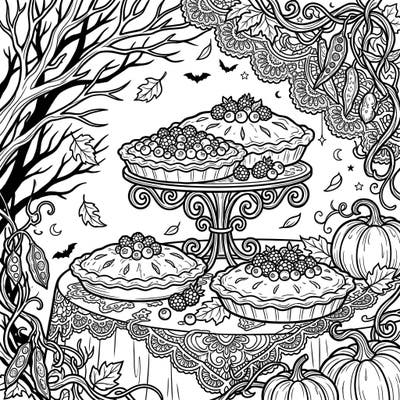Immerse yourself in a uniquely gothic autumn scene featuring luscious berry pies. This intricate coloring page combines the coziness of fall with a touch of dark elegance, perfect for a relaxing creative session.
