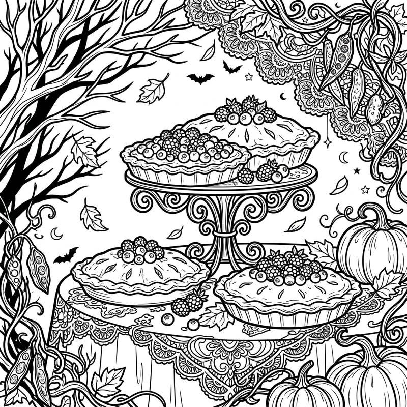 Immerse yourself in a uniquely gothic autumn scene featuring luscious berry pies. This intricate coloring page combines the coziness of fall with a touch of dark elegance, perfect for a relaxing creative session.