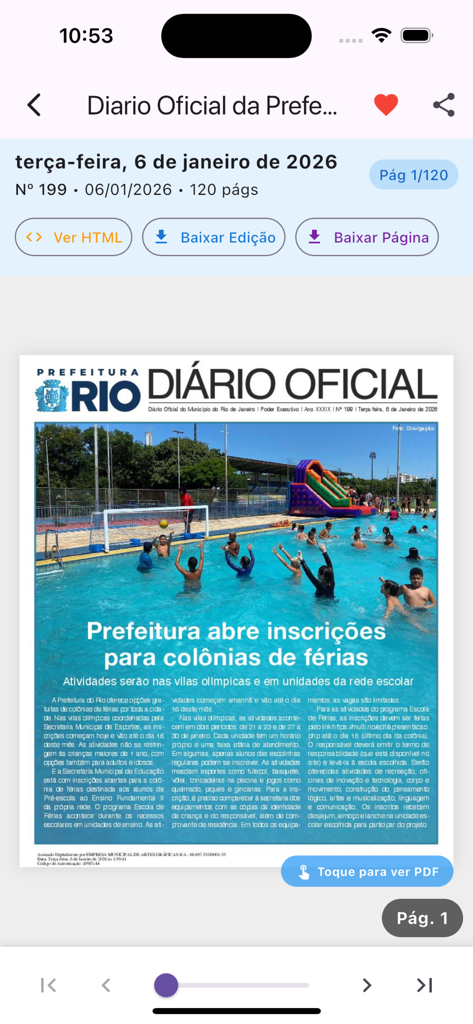 Diário Oficial PCRJ - Una pantalla de aplicación móvil que muestra la gaceta oficial de Río de Janeiro con un titular sobre inscripciones a campamentos de vacaciones.
