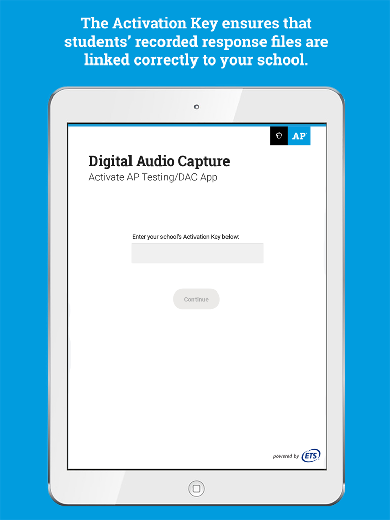 DAC App - Activation screen of the Digital Audio Capture app on an iPad for AP exam students