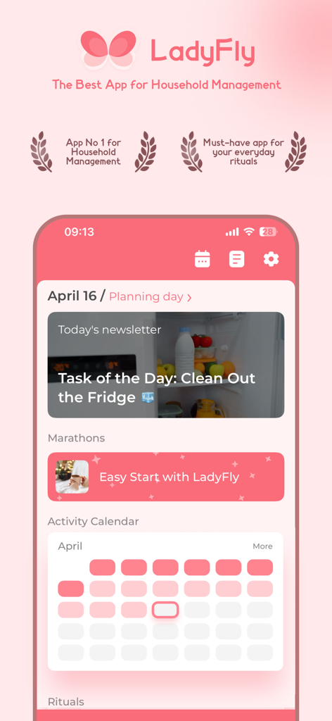 Dashboard do aplicativo LadyFly apresentando um calendário diário de tarefas de limpeza e atividades.