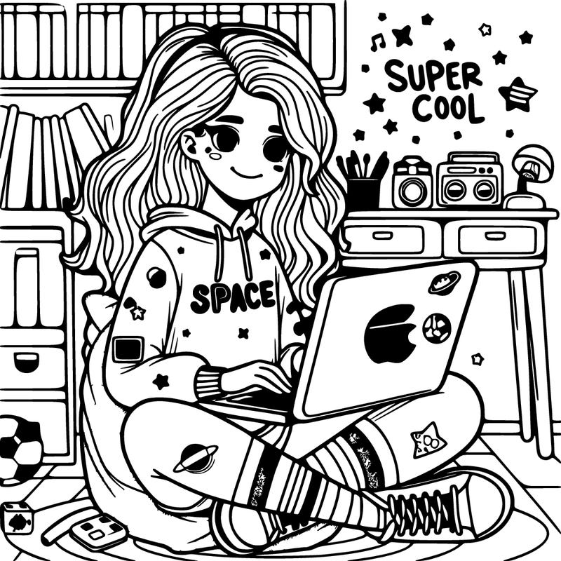 a cool teenage girl in her space onsie,in her super cool space bedroom, girl is sitting on a chair with her laptop